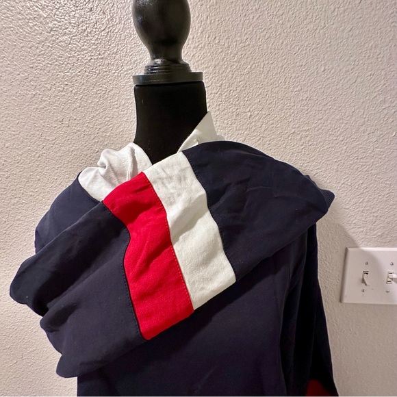 NWOT Navy Blue Long Sleeve Hoodie with Red/White Stripes on the Arms - Picture 3 of 4